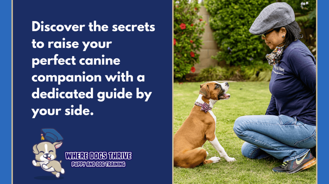 Discover the secrets to raise your perfect puppy with Where Dogs Thrive in Huntington Beach. Home page with Nicole Narita sitting in front of a boxer puppy.
