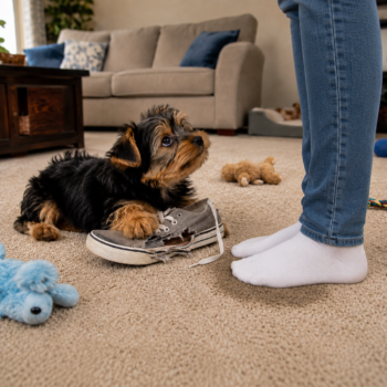 Yorkie terrier puppy looks up at the Guardian with a chewed shoe on the carpet in front of it. The Guardian wearing socks is standing in a wet spot on the carpet.