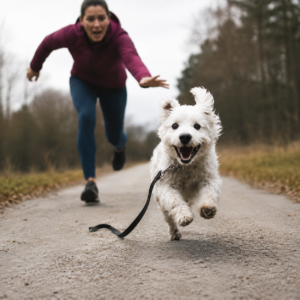 Image is of a lady chasing a white fluffy small dog dragging his leash. He is having a great time running free!
